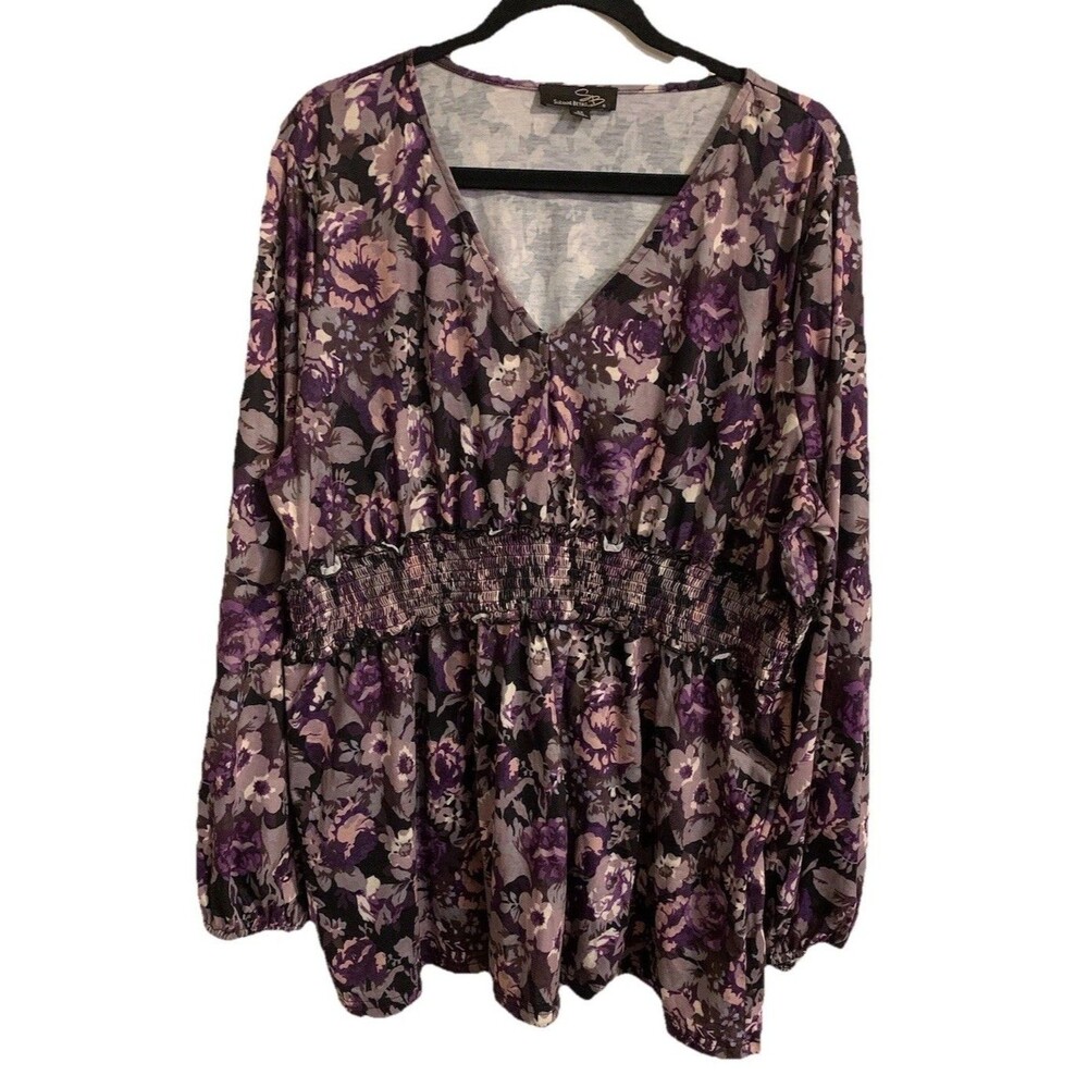 Suzanne Betro Womens Size 3X Floral Top V Neck Smocked Waist Blouse